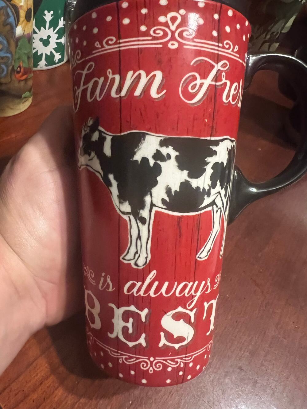 Cypress Home "Farm Fresh is Always Best: Travel Mug Coffee Cup Red with Cow